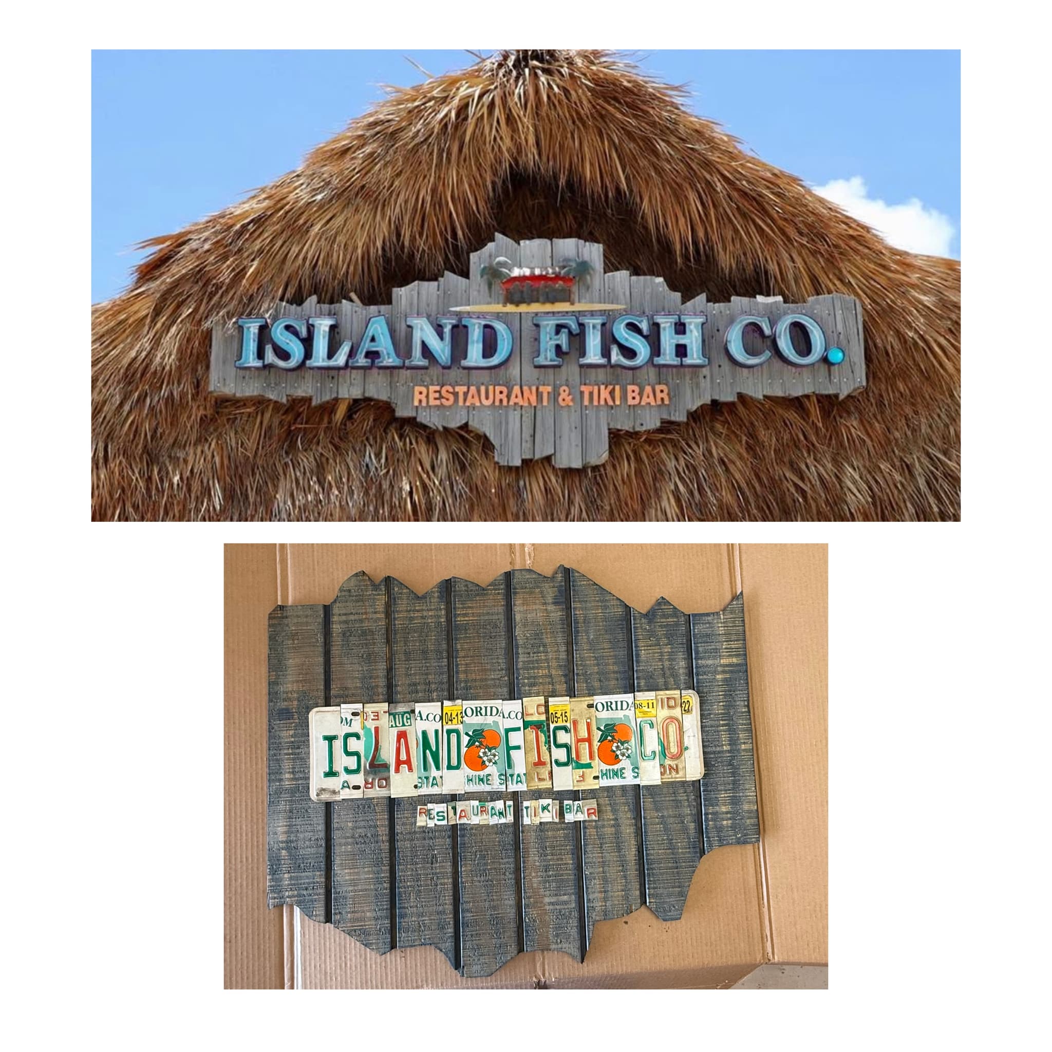 Island Fish Co Restaurant and Tiki Bar sign recreated in license plates