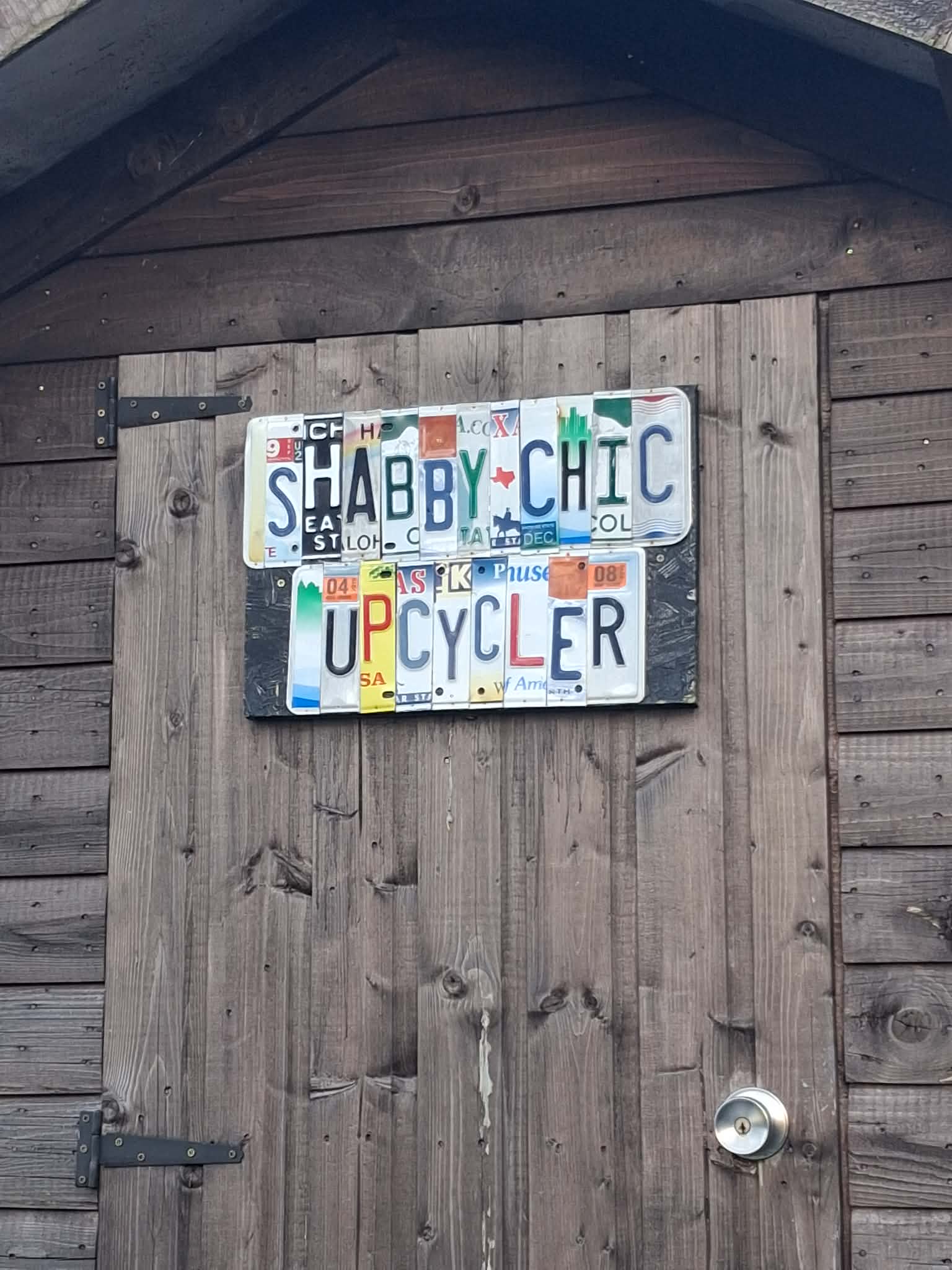 Shabby Chic Upcycler License Plate Sign on Door