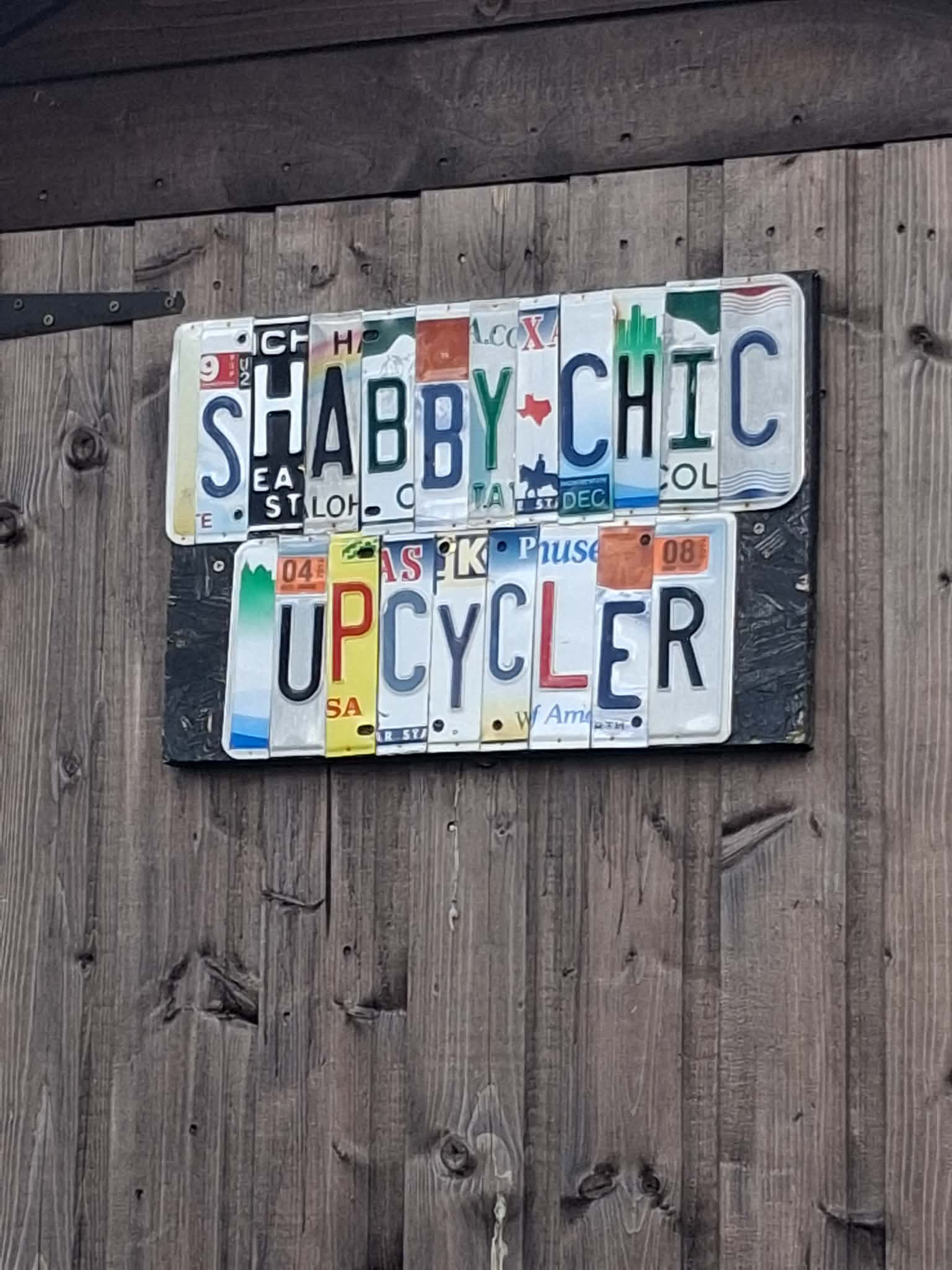 Shabby Chic Upcycler License Plate Sign Close-up