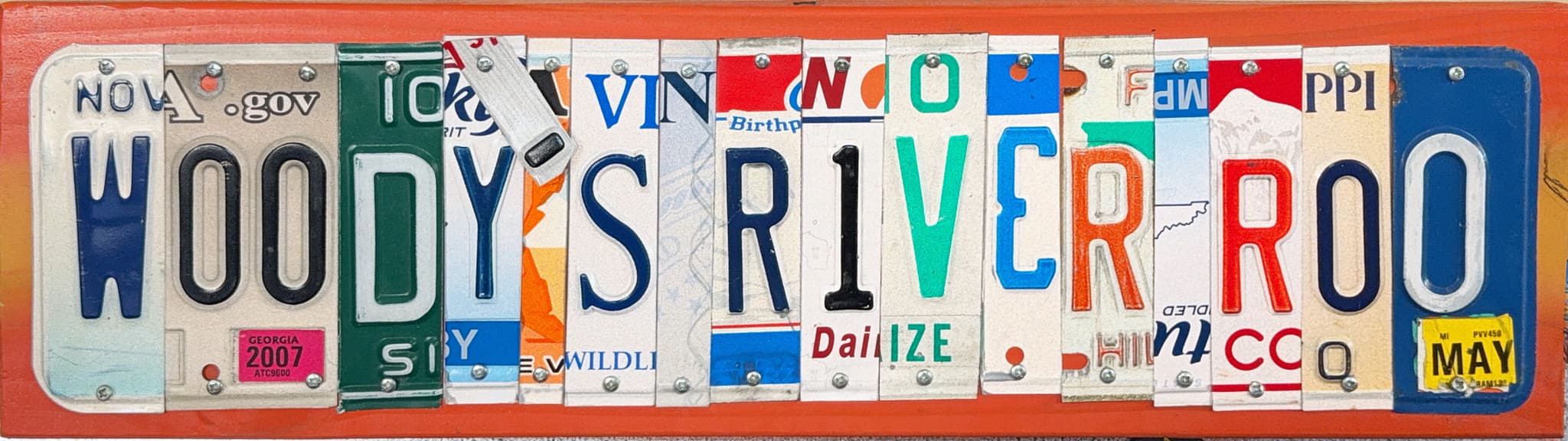 Woodys River Roo custom license plate letter sign